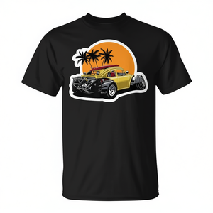 T-shirt Baja Bug noir avec design graphique de voiture, coucher de soleil, palmiers, vêtements décontractés pour hommes - Product Image 2