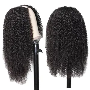 Pelucas de cabello humano peruano personalizadas para mujeres negras, sin pegamento, rizado, parte en u, 18 pulgadas