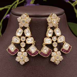 Elegant Trendy Brass Gold Plated Moissanite <b>Charm</b> Necklace Set Maroon Baguette Accents Matching Drop Earrings Rope Chain <b>Wedding</b> - Product Image 5