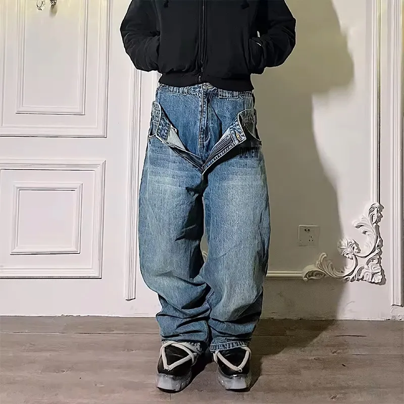 DiZNEW European High street hip hop hipster washes water to make old designer baggy wide-leg men's jeans stack jean