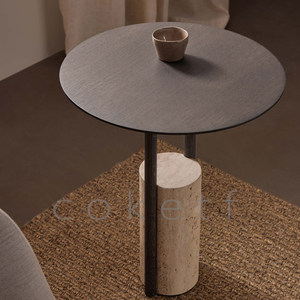 Tavolino da Caffè Minimalista Wabi-sabi per Piccoli Spazi, Realizzato in Travertino <span class=keywords><strong>Romano</strong></span> Naturale e Legno Massello, Arredamento per la Casa - Product Image 2