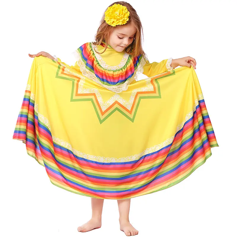 Çocuk meksika elbiseler kızlar için dans eteği Meciscan köy tarzı süslü elbise cadılar bayramı partisi Cosplay kostümleri çocuk Polyester