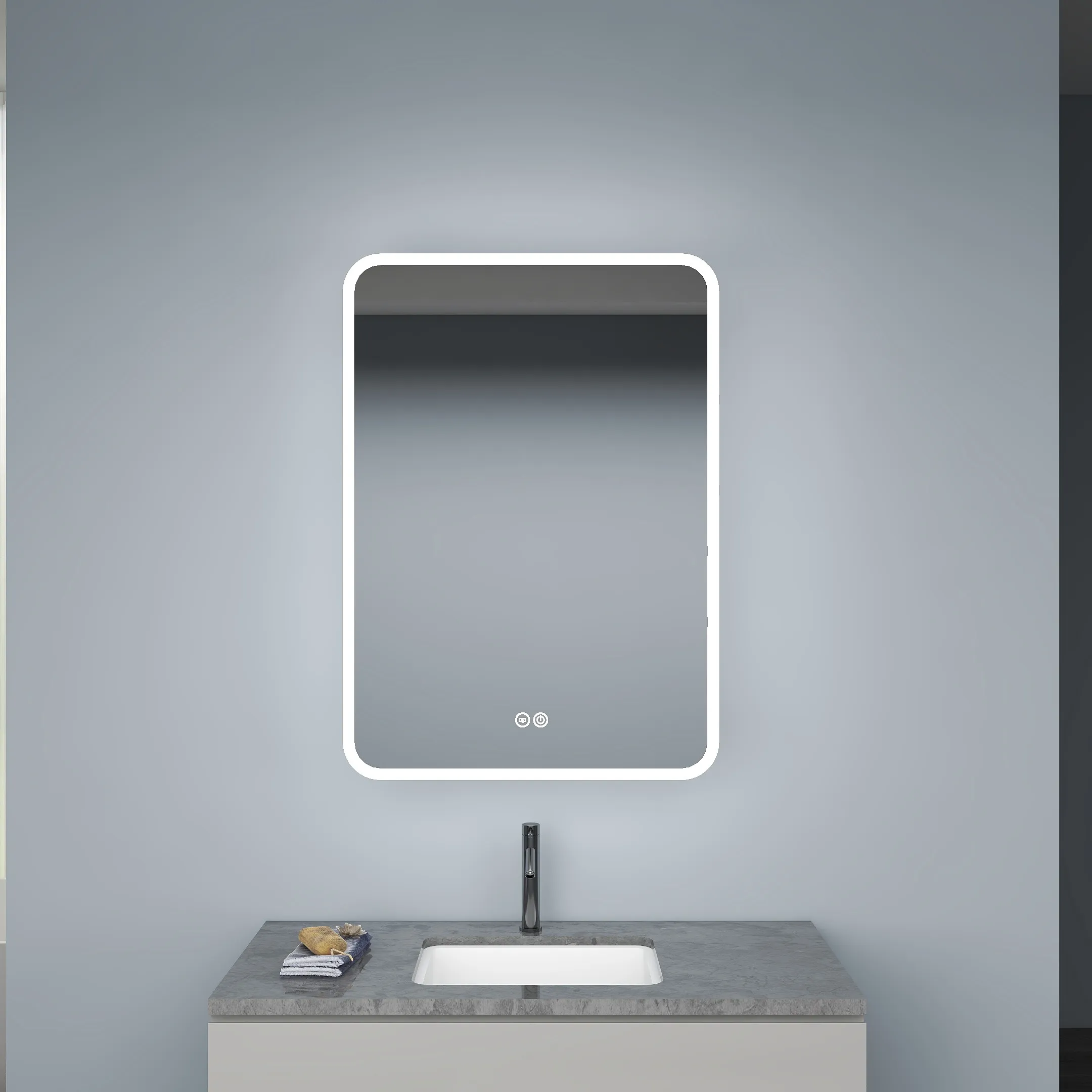 Led Backlit gương chiếu sáng Gương phòng tắm với chức năng chống sương mù treo tường trang điểm Vanity Gương tủ