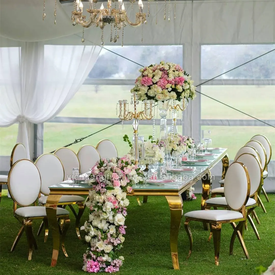 テントの結婚式のテーブル白いガラスのステンレス鋼のパーティーゴールドの宴会のダイニングテーブル