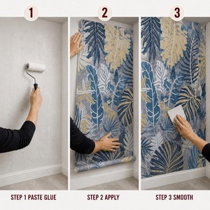 Murale Botanico Personalizzato Blu Polvere su Tela, Carta da Parati con Effetto Invecchiato, Arte con Monstera e Palma per <span class=keywords><strong>Soggiorno</strong></span> e Camera da Letto - Product Image 5
