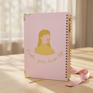Pink Spiral Planner With Gold Girl Silhouette And Dream Life Text Printed Cover Organizer For Daily Weekly Monthly Planning - Product Image 1