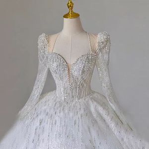 NDB10901 Robe <span class=keywords><strong>de</strong></span> <span class=keywords><strong>mariée</strong></span> principale à manches longues, nouveau style, avec <span class=keywords><strong>grande</strong></span> traîne, col en V français, richement ornée à <span class=keywords><strong>la</strong></span> main, motif ciel étoilé - Product Image 2