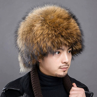 Chapeau en fourrure de raton laveur véritable de luxe, couleur naturelle, pour homme, style russe, chaud pour l'hiver, avec logo personnalisé