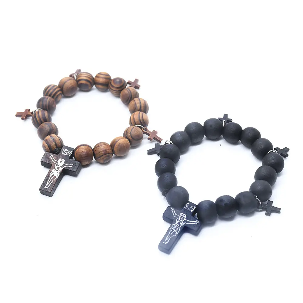 Chapelet en bois avec pendentif croix Vintage de 10mm, Bracelet extensible pour hommes, Religion, catholique, prière chrétienne, perle, bijoux, accessoires