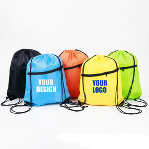 Custom Logo <b>Drawstring</b> <b>Backpack</b> Waterproof Polyester <b>Drawstring</b> Bag with Front Zipper Pocket Promotional Gym Sports Sack Pack - Product Image 1