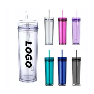 Insulated acrylic16oz skinny tumbler cups double wall clear tumblers with lid and straw
