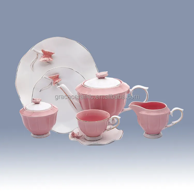 2022 New Style Keramik Tee Set Benutzer definierte Farbe Porzellan Knochen Porzellan Kaffeetasse Set Royal Classic Tee Sets Pink Mit Goldrand