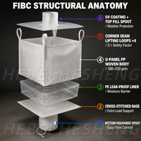 Sac vrac FIBC avec bec de remplissage supérieur, bec de déchargement inférieur, sangles de levage demi-boucle, conception à quatre panneaux, compatible chariot élévateur