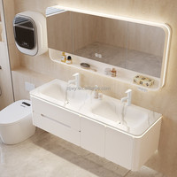 Meuble-lavabo de salle de bain style crème avec plan en dalle de roche, vasque intégrée thermoformée, en bois massif laqué, double vasque pour salle de bain