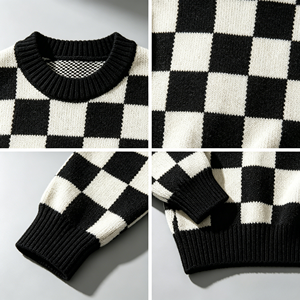 <span class=keywords><strong>Pull</strong></span> personnalisé pour homme, <span class=keywords><strong>pull</strong></span> en tricot jacquard rétro noir et <span class=keywords><strong>blanc</strong></span>, <span class=keywords><strong>pull</strong></span> à col rond ample pour homme, <span class=keywords><strong>pull</strong></span> en tricot 100% coton - Product Image 3