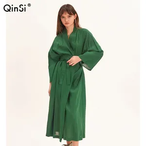 Qosi jubah lampu katun hijau untuk wanita, jubah wanita dengan selempang setengah betis lengan panjang