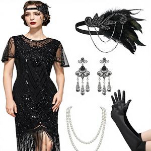 <span class=keywords><strong>Robe</strong></span> Flapper Col Rond Style Great Gatsby - <span class=keywords><strong>Robe</strong></span> Longueur Thé Années <span class=keywords><strong>20</strong></span> pour Femme <span class=keywords><strong>Manches</strong></span> Longues - Costume Diamant Années <span class=keywords><strong>20</strong></span> - Product Image 1