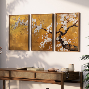 HAOWAI OEMODM ชุดภาพพิมพ์ลายซากุระญี่ปุ่นสีขาว 3 ชิ้น, งานศิลปะวินเทจสีทอง, ภาพวาดสวนสไตล์มินิมอลลายคอริน - Product Image 2