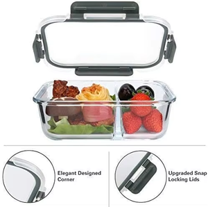 Nuevo diseño Venta caliente Respetuoso con el medio ambiente Vidrio de borosilicato alto Contenedor de almacenamiento de alimentos de <span class=keywords><strong>3</strong></span> compartimentos Caja de almuerzo Tapa de bloqueo - Product Image 4