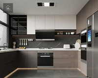 Armoires de cuisine XINGRUO noir mat, plan de travail en marbre blanc, style moderne minimaliste, sur mesure, luxe, E0 ENF