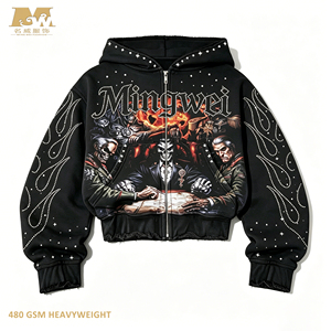 2026 480gsm Washed Black Gothic Crystal Flame Sleeve Skull <strong>War</strong> Table Map Boxy Crop Zip up <strong>Hoodie</strong> Mens - Product Image 1