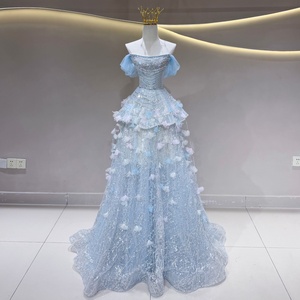 <span class=keywords><strong>Vestido</strong></span> de Noche Jfh138 <span class=keywords><strong>Azul</strong></span> Celeste sin Tirantes con Tul en Capas, Apliques Florales 3D, Espalda con Cordones, <span class=keywords><strong>Vestido</strong></span> de Fiesta Jancember - Product Image 1