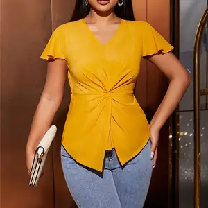 Baju Olahraga Wanita Lengan Pendek Kerut Elegan Model V-Neck Solid Twist untuk Musim Panas - Product Image 1