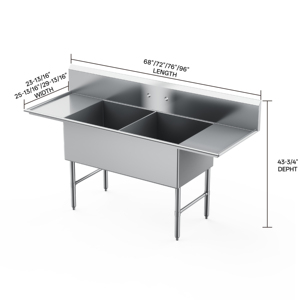 Évier en acier inoxydable à 2 compartiments, à poser au sol, finition polie, résistant à la corrosion, épaisseur 1,2 mm, 300 kg/m, cuisine commerciale - Product Image 4