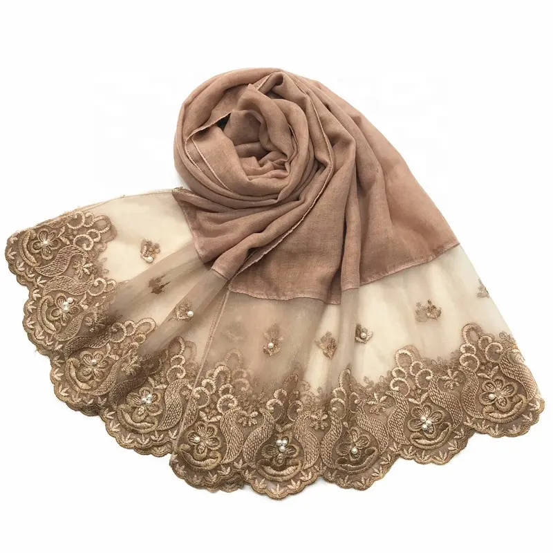 Factory Islamic Muslim Ladies Elegant Pearl Beaded Hijab Scarf Shawl Women Cotton Linen Lace Hijab