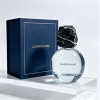 Flacon de parfum en verre transparent rond avec bouchon en pierre et boîte cadeau bleu foncé, logo personnalisé, flacon de parfum vide