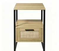 Mesa de Noche de Ratán con un Cajón, Mesa Auxiliar de Madera para Dormitorio, Moderna con Patas de Metal