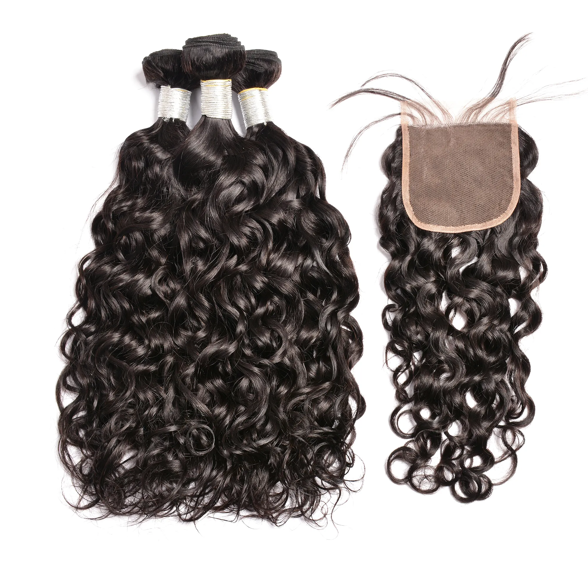 Wet and wavy virgin brazilian human hair bundles,water wave mink bundle hair with lace closure