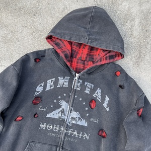 Sun Faded Thick Drop Shoulder Hole <b>Hoodie</b> Checkered Heavyweight Oversized <b>Hoodie</b> Acid Wash Distressed Reversible <b>Zip</b> <b>Up</b> <b>Hoodie</b> - Product Image 3