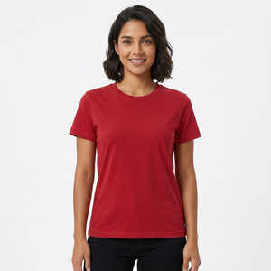 Camiseta Roja de Cuello Redondo para Mujer, 100% Algodón Jersey, Casual, Manga Corta, Corte Regular, Color Sólido, Transpirable, para Todas las Temporadas - Product Image 1