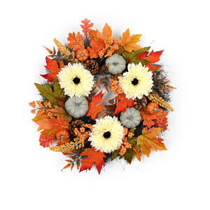 Corona Decorativa de Calabaza de 20 Pulgadas Personalizada a Bajo Precio, Corona de Otoño con Hojas y Flores de Cosecha - Product Image 1