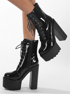 Bottes courtes XSD pour femme en cuir verni noir, nouveau style, bout carré, talons hauts brillants, fermeture éclair, tendance automne - Product Image 6