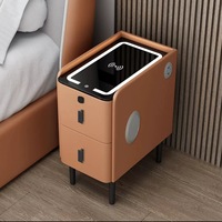 Table de chevet multifonctionnelle intelligente nordique avec chargeur sans fil sécurisé, mini-meuble, lumière audio, table de chevet étroite et fine en cuir