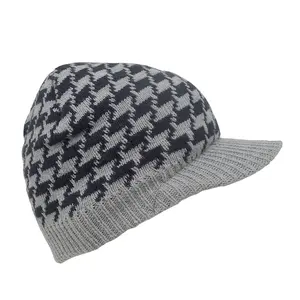 Newly customize design your own brand jacquard knit winter hats designer beanie bonnet toque with brim checkered fashion unisex