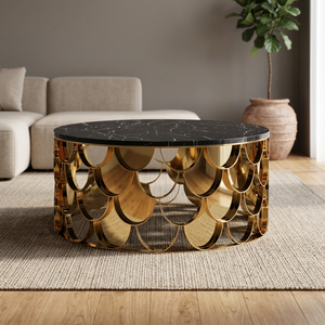 Modern <b>Round</b> Coffee <b>Table</b> Black Marble Top <b>Gold</b> Metal Frame Contemporary Living Room Furniture Decorative Design - Product Image 1