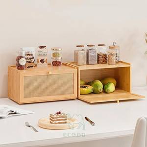 Rattan Bamboo Wood Rectangle Modern Bread Box <b>Kitchen</b> Counter <b>Large</b> Capacity Storage <b>Bin</b> - Product Image 6
