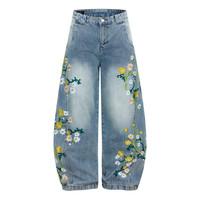 Jeans pour hommes, hiver et automne, vintage, broderie florale, lavage à la chaux, lavage au sable, taille mi-haute, coupe bootcut, ample, large