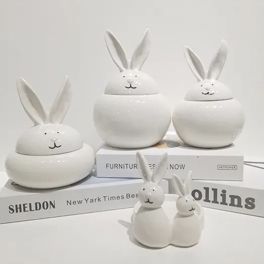 Estatuetas decorativas de porcelana de coelho esculturas em miniatura de cerâmica branca para decoração de mesa de casa