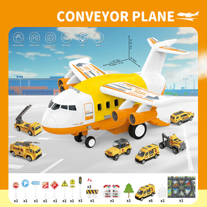 Avion de transport amusant avec piste à inertie sonore et lumineuse, incluant un petit camion de pompiers en alliage et un panneau routier - Product Image 5