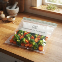 Sachet personnalisé imprimé, compatible micro-ondes, en PET/CPP, scellé sur 3 côtés avec soupape de vapeur, pour l'emballage de plats préparés et de légumes
