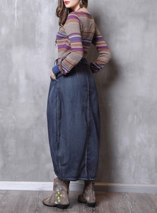 Style Vintage Bouton Up Ballon Falfalda Asymétrique Ourlet Puffy Midi Jupes Femmes Denim Bleu Jupe - Product Image 6