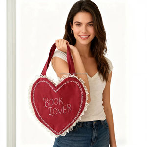 Rode hartvormige canvas tas met kantbies, geborduurde tas met 'BOOK LOVER' opdruk, casual boekentas, herbruikbare modieuze cadeau canvas handtas - Product Image 1