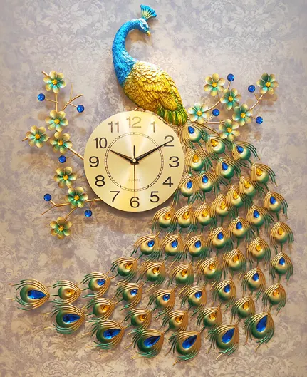 Unique Design Cheap Diy Wholesale Luxury Peacock European Vintage Style Gold Peacock Wall Clock Decoration Metal