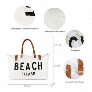 Sac de plage de voyage imperméable personnalisé avec logo, en toile extra large avec poignée en cuir végétalien et fermeture à glissière - Product Image 3