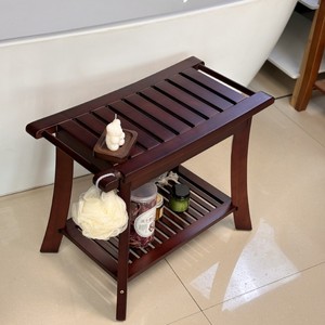 Tabouret de salle de bain en teck Ruoyi 60x30x45cm à double niveau avec étagère de rangement, siège de douche imperméable - Product Image 3