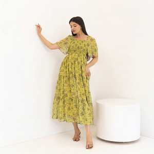 Vestido Midi Floral Amarillo de Gasa con Cuello Cuadrado y Mangas con Volantes, Estilo Boho, Ropa Casual de Verano, Estampado Floral Verde - Product Image 1
